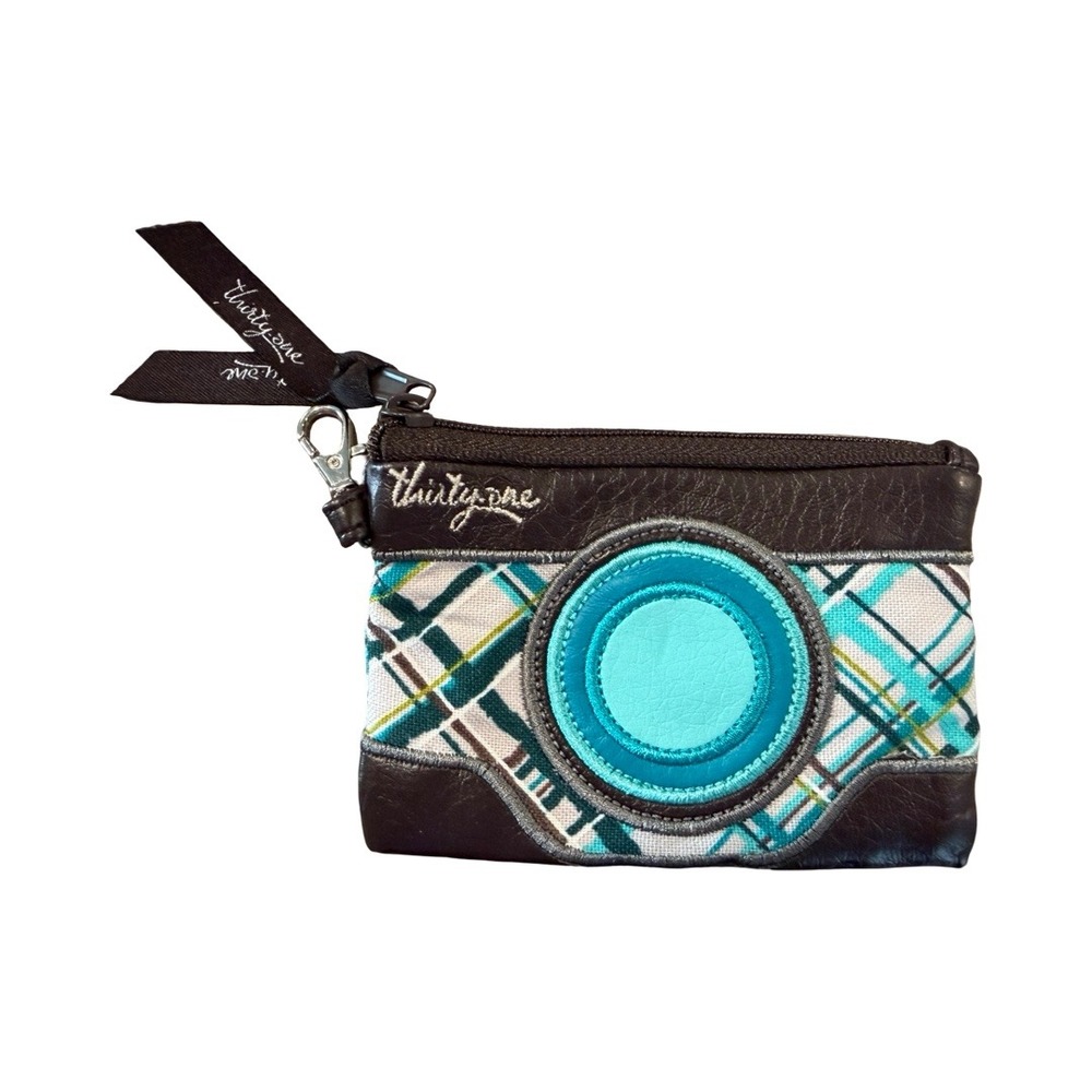 Thirty-One Icon Coin Purse Camera Teal Brown Plaid Zipper Pouch 3400886A0000